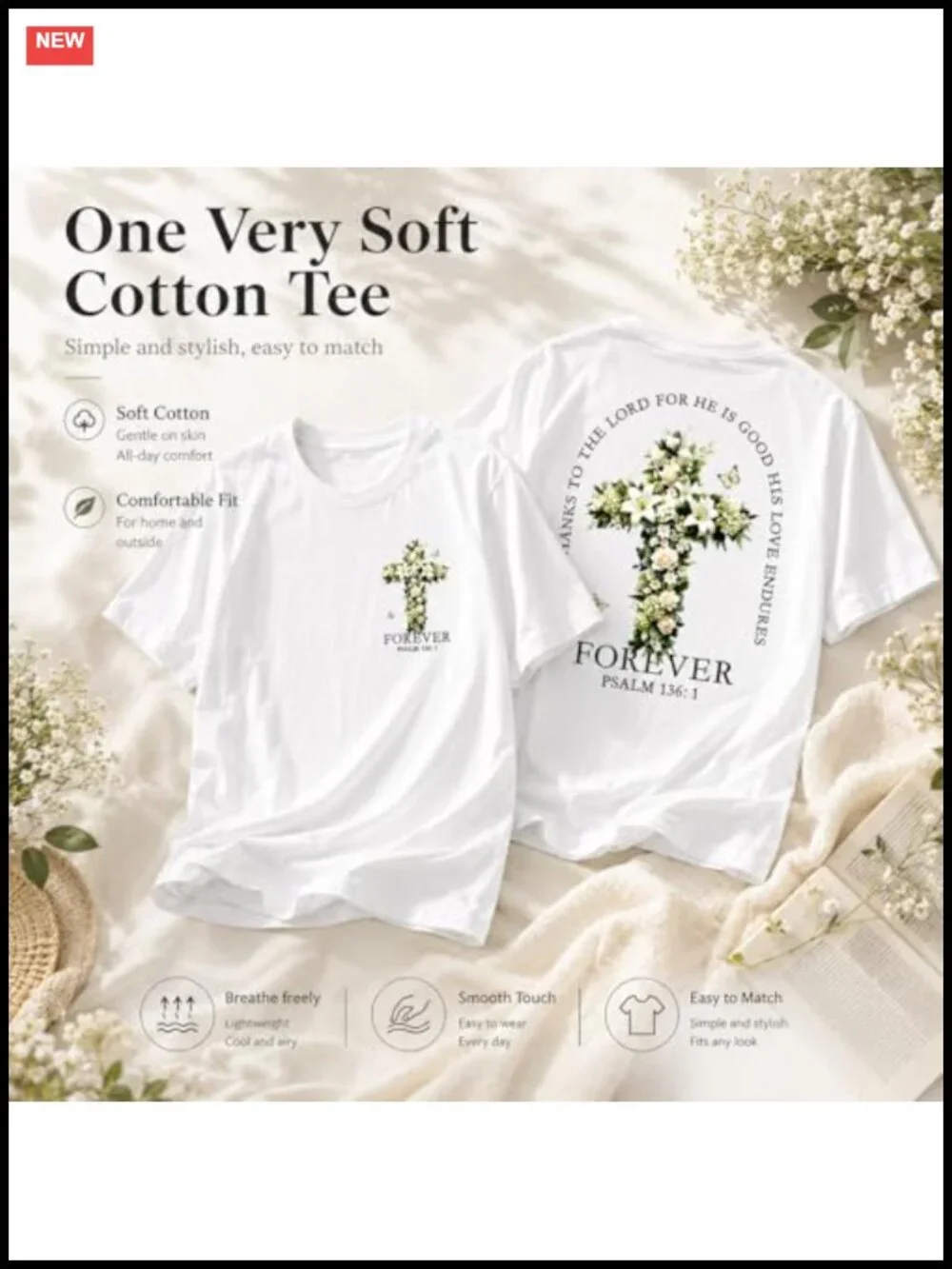 Women's Christian Faith Floral Cross Casual Graphic Tee Cotton